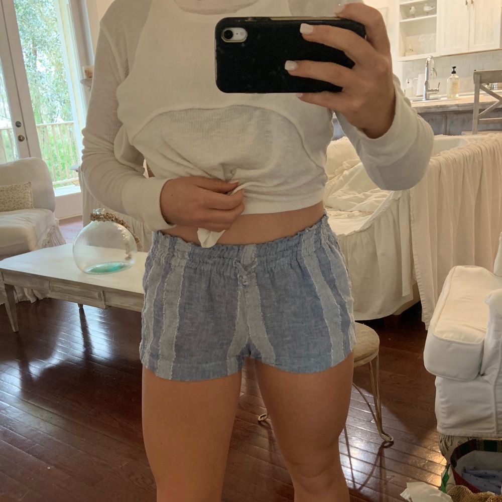 Blue and white linen draw string shorts